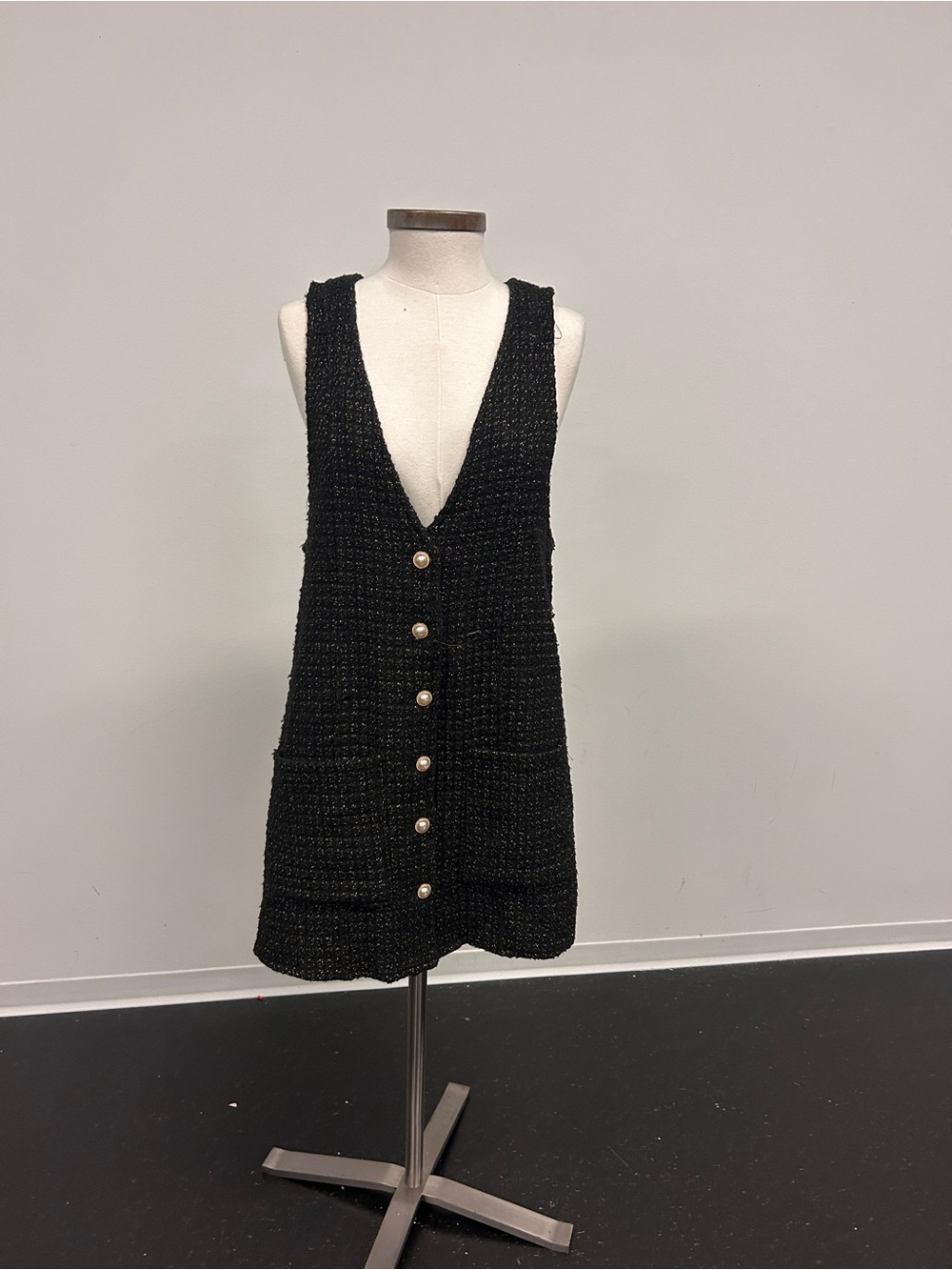Sleeveless Black Tweed Mini Dress with Pearl Buttons